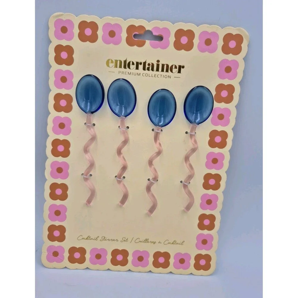 New Cute Glass Pink & Blue Cocktail Stirrers - Set of 4 Entertainer Premium